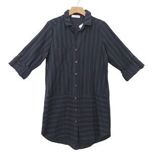 All In Favor Shift Dress Womens Small Button Up Roll Tab Sleeve Striped Navy